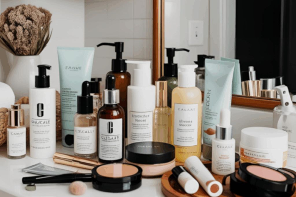 AI-generated image of many skincare and makeup products
