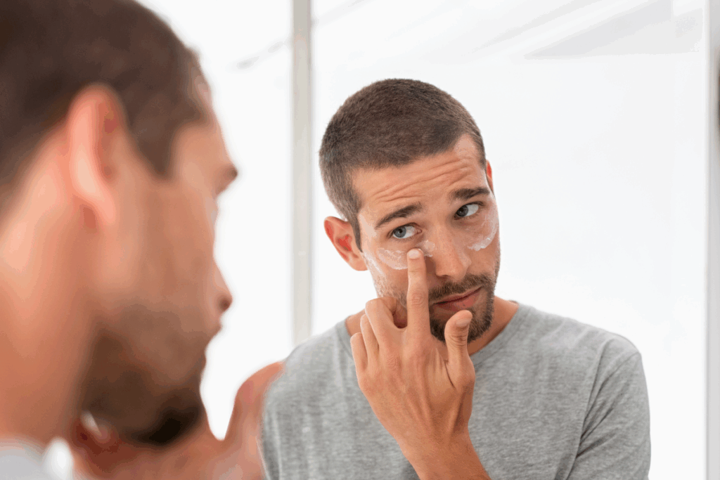 Man applying moisturizer under his eyes