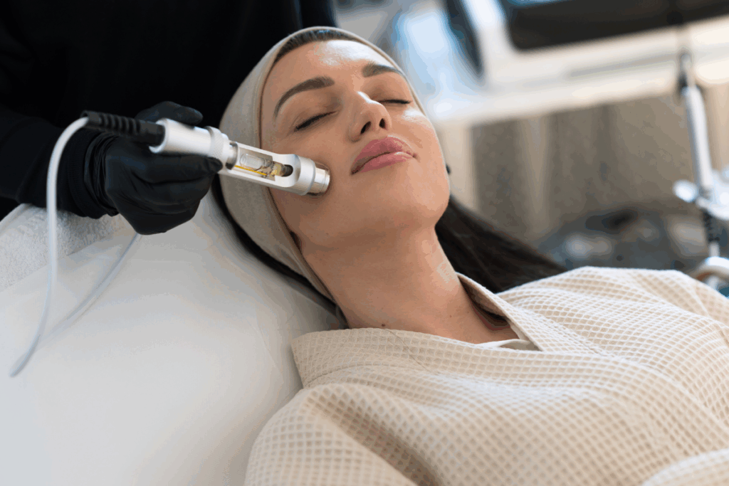 Woman receiving a HydraFacial, an excellent treatment for stress face