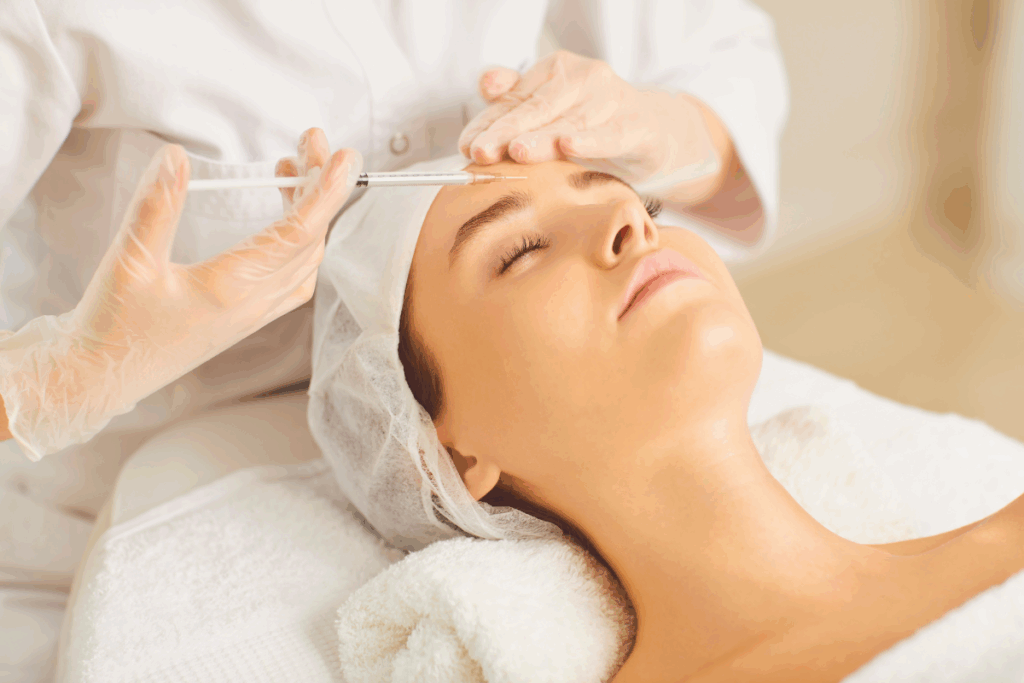 Young woman receiving Botox injections in forehead for prejuvenation reasons