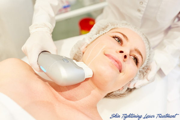 A woman receiving skin tightening laser treatment