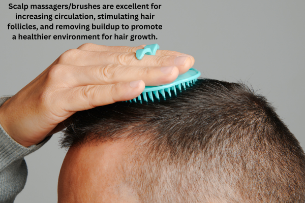 Man using scalp massager between thinning hair treatment sessions