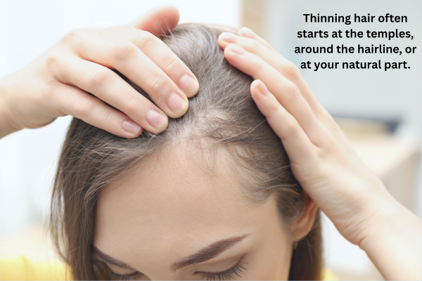 Woman showing thinning hair at her hairline